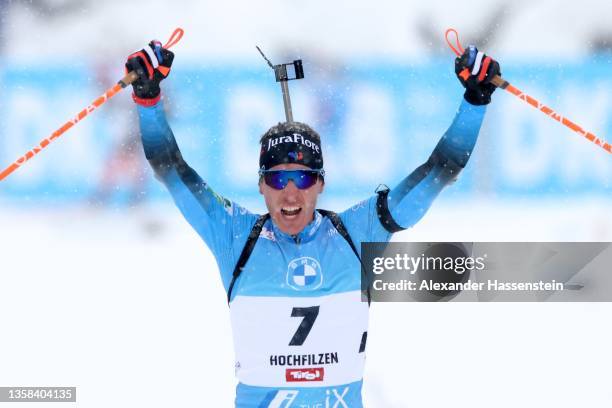Maillet Quentin Fillon of France celebrates winning the Pursuit Men during the Pursuit Men of the IBU World Cup Biathlon Hochfilzen at Biathlon...