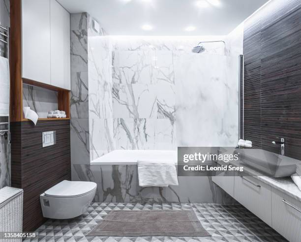 home design, bathroom interior side view in modern scandinavian style in natural tones in gray color close up - bathroom foto e immagini stock