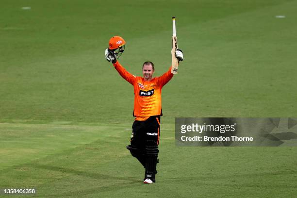Colin Munro of the Scorchers celebrates scoring his century during the Men's Big Bash League match between the Perth Scorchers and the Adelaide...