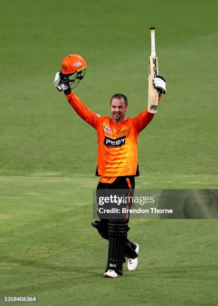 Colin Munro of the Scorchers celebrates scoring his century during the Men's Big Bash League match between the Perth Scorchers and the Adelaide...