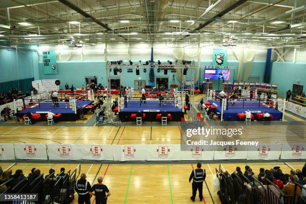 General view of all three rings during the England Boxing National Senior Development Championships 2021 at University of East London on December 11,...