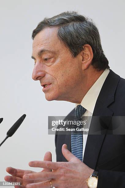 Mario Draghi, President of the European Central Bank , speaks at the Ludwig Erhard Lecture on December 15, 2011 in Berlin, Germany. Draghi said a...