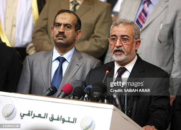 Iraqi parliament speaker and deputy of the Islamic party Iyad al-Samarrai, speaks during the announcement of the newly formed al-Tawafuq Front List,...