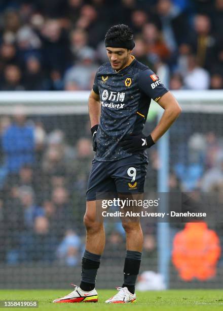 Raul Jimenez of Wolverhampton Wanderers looks dejected after being shown a red card by referee Jonathan Moss during the Premier League match between...