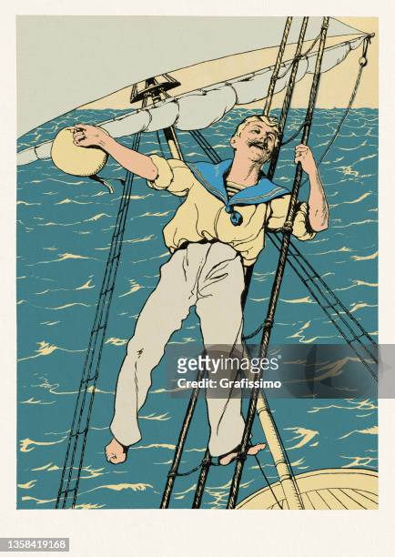 stockillustraties, clipart, cartoons en iconen met sailor on sailing ship waving his hat art nouveau 1896 - mast sailing