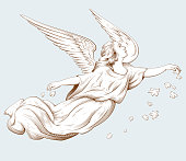 Flying angel scattering flowers. Biblical illustrations in old engraving style.