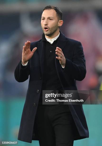 Domenico Tedesco, head coach of Leipzig gestures during his debut game as head coach during the Bundesliga match between RB Leipzig and Borussia...