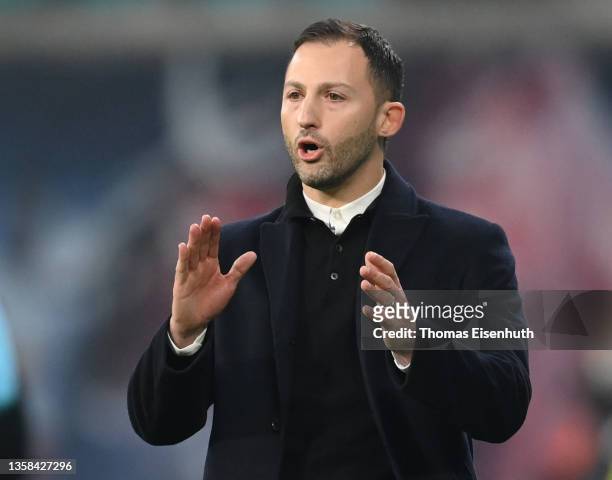 Domenico Tedesco, head coach of Leipzig gestures during his debut game as head coach during the Bundesliga match between RB Leipzig and Borussia...