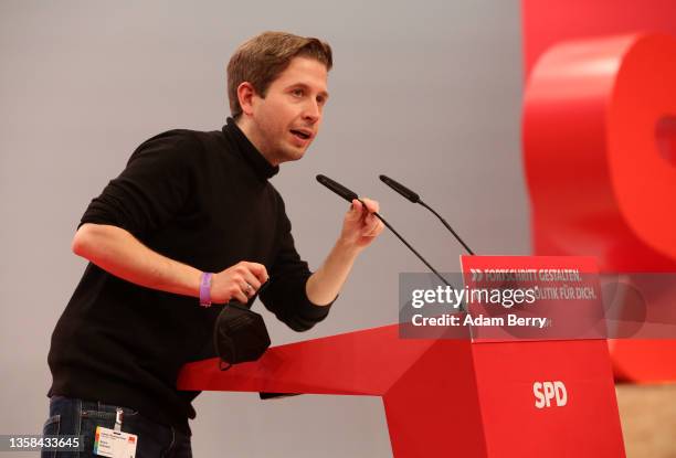 Designated SPD Secretary-General Kevin Kühnert speaks during a German Social Democrats party conference on December 11, 2021 in Berlin, Germany. The...