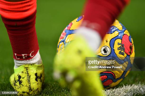 Premiere league ball during the Premier League match between Liverpool and Aston Villa at Anfield on December 11, 2021 in Liverpool, England.