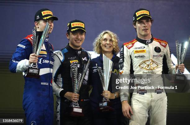 Race winner Guanyu Zhou of China and UNI-Virtuosi Racing, second placed Robert Shwartzman of Russia and Prema Racing and third placed Ralph Boschung...