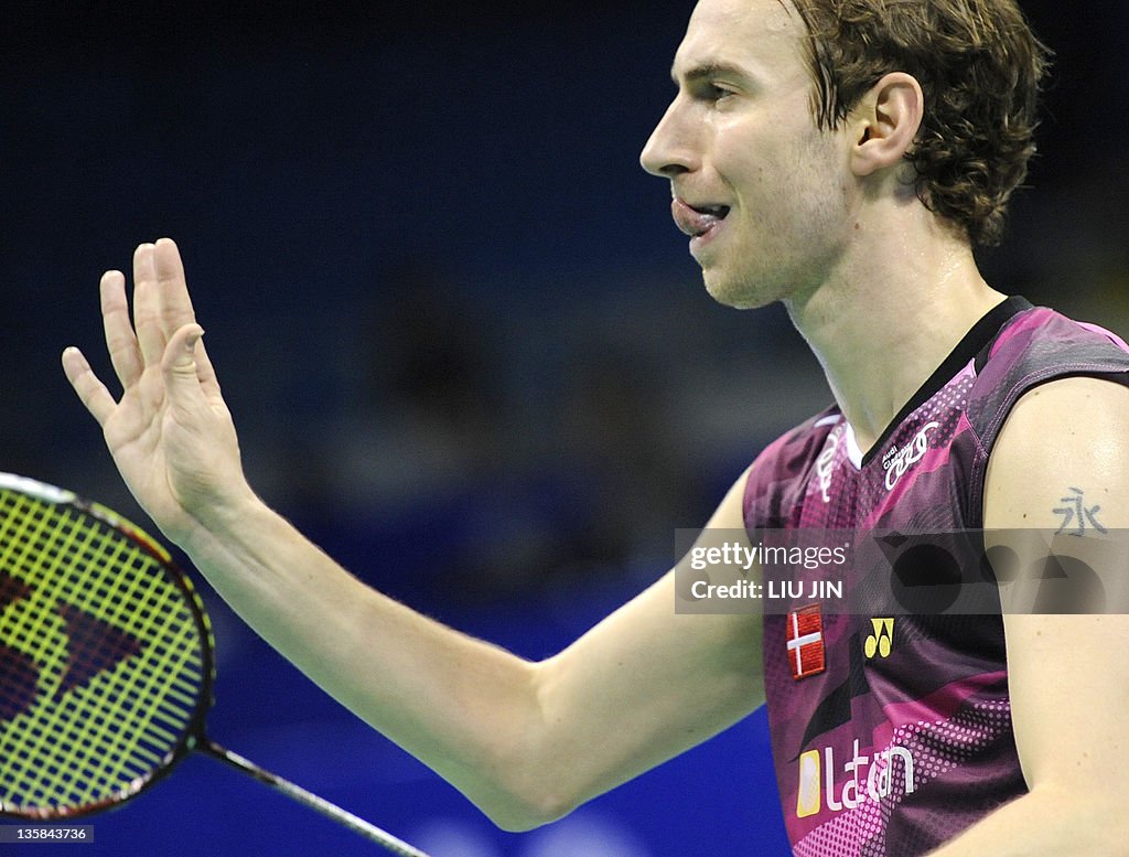 Mathias Boe of DEnmark serves with his p