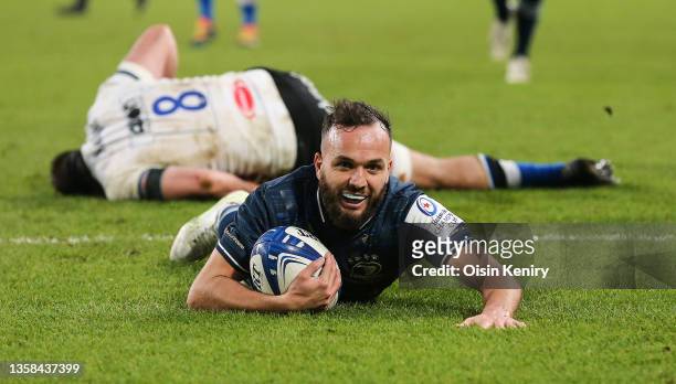 Jamison Gibson-Park of Leinster scores his side's fifth try during the European Rugby Champions Cup match between Leinster and Bath at Aviva Stadium...