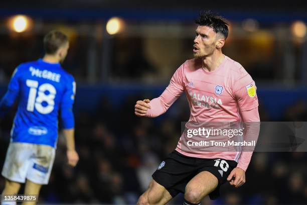 Kieffer Moore of Cardiff City celebrates after scoring their side's first goal during the Sky Bet Championship match between Birmingham City and...