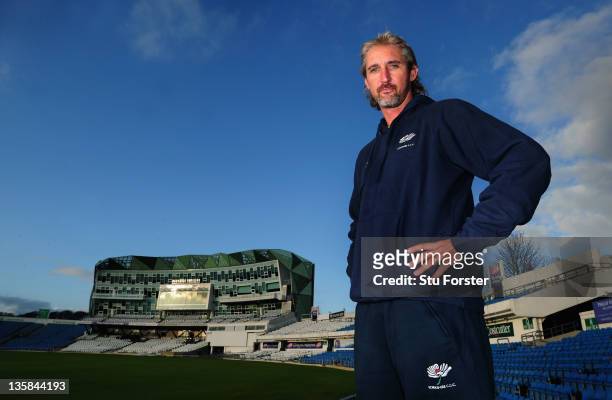 New Yorkshire coach Jason Gillespie stands infront of the pavillion during a press conference at Headingley Cricket club on December 15, 2011 in...