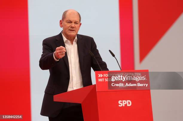 German Federal Chancellor Olaf Scholz speaks during a German Social Democrats party conference on December 11, 2021 in Berlin, Germany. The party...