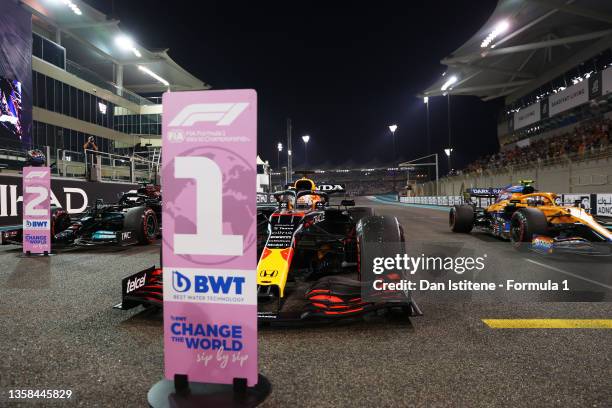 Pole position qualifier Max Verstappen of Netherlands and Red Bull Racing, second placed qualifier Lewis Hamilton of Great Britain and Mercedes GP...