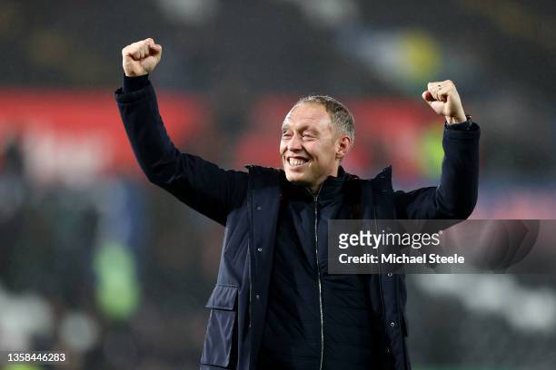 Steve Cooper, Manager of Nottingham Forest acknowledges the fans after their sides victory in the Sky Bet Championship match between Swansea City and...