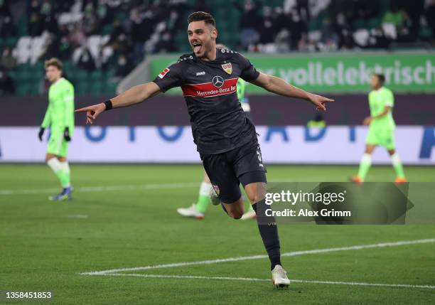 Konstantinos Mavropanos of Stuttgart celebrates scoring the first goal during the Bundesliga match between VfL Wolfsburg and VfB Stuttgart at...