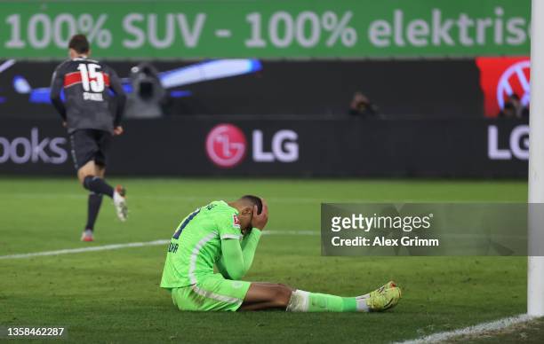 Lukas Nmecha of Wolfsburg reacts after a missed chanc during the Bundesliga match between VfL Wolfsburg and VfB Stuttgart at Volkswagen Arena on...
