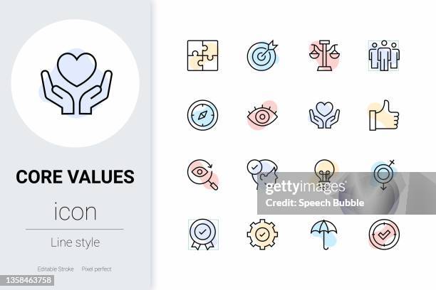 ilustraciones, imágenes clip art, dibujos animados e iconos de stock de valores principales, conjunto de iconos vectoriales de línea delgada. - honestidad
