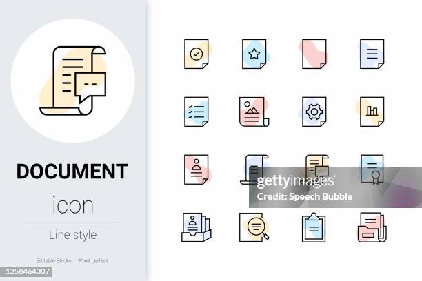 document, thin line vector icon set. - tick attached stock illustrations