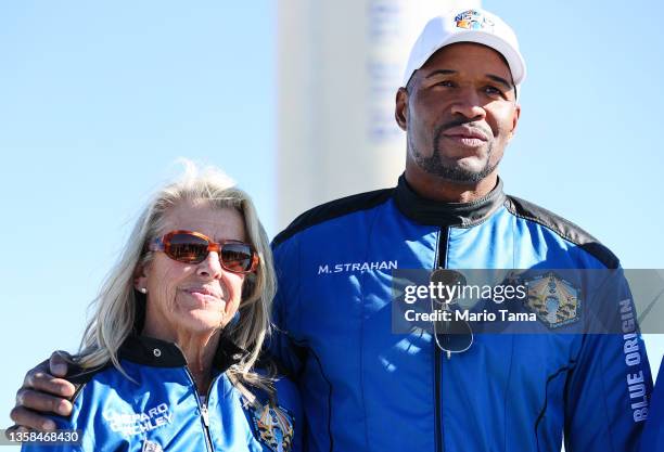 Good Morning America co-anchor and former NFL star Michael Strahan stands with Laura Shepard Churchley, daughter of astronaut Alan Shepard, during a...