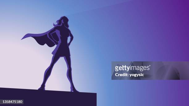 vektor weibliche superhelden-silhouette in power pose stock illustration - strength stock-grafiken, -clipart, -cartoons und -symbole