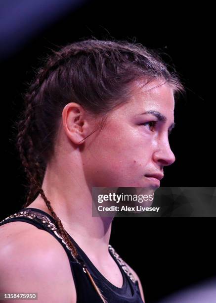 Katie Taylor looks on during the Undisputed Lightweight Championship fight between Katie Taylor and Firuza Sharipova at M&S Bank Arena on December...