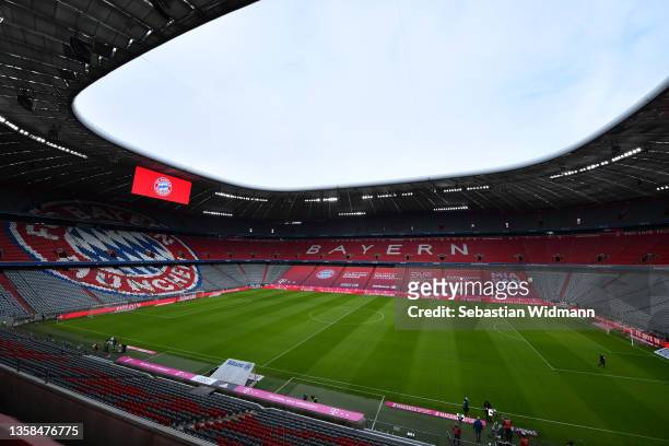 General view of the arena prior to the Bundesliga match between FC Bayern München and 1. FSV Mainz 05 at Allianz Arena on December 11, 2021 in...