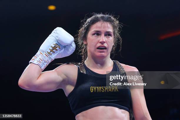 Katie Taylor celebrates their victory in Undisputed Lightweight Championship fight between Katie Taylor and Firuza Sharipova at M&S Bank Arena on...