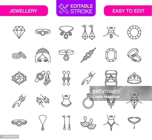 jewelry line icons set editable stroke - pearl necklace stock illustrations