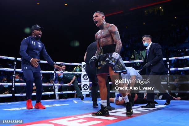 Conor Benn celebrates with Father, Nigel Benn after knocking out Chris Algieri to win the WBA Continental Welterweight Title fight between Conor Benn...