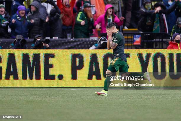 Felipe Mora of Portland Timbers celebrates a goal against New York City during the second half of the 2021 MLS Cup final at Providence Park on...