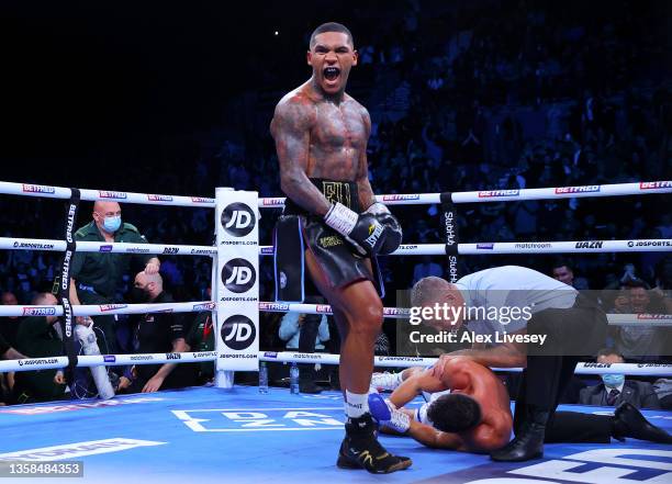 Conor Benn celebrates after knocking out Chris Algieri to win the WBA Continental Welterweight Title fight between Conor Benn and Chris Algieri at...