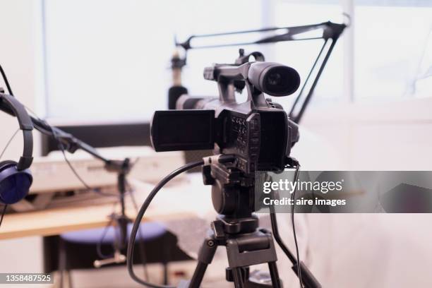 close-up of video recording and audio equipment prepared in the radio studio before the radio show - office space movie stock pictures, royalty-free photos & images