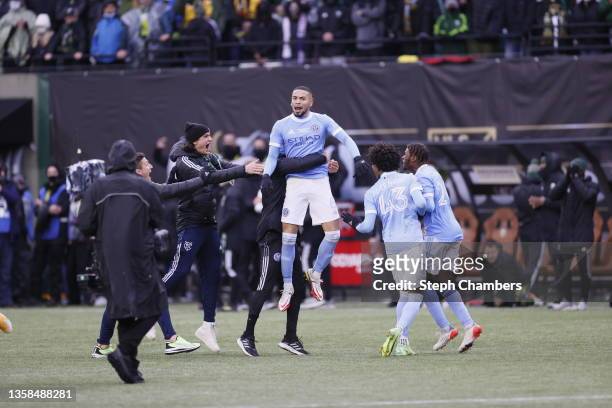 Alexander Callens of New York City celebrates after converting a penalty kick to win the 2021 MLS Cup final against the Portland Timbers at...