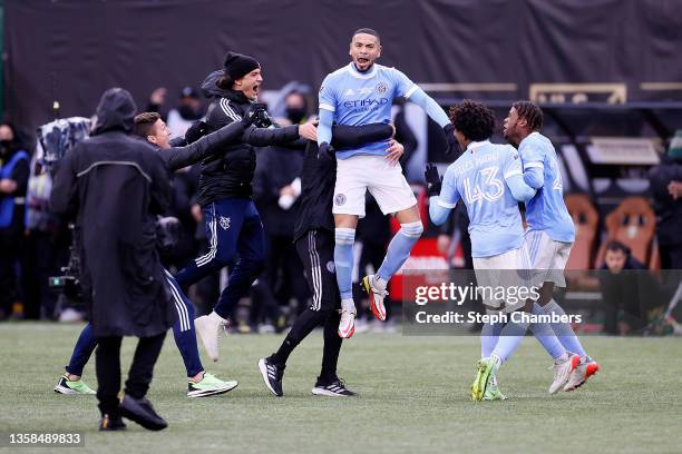 Alexander Callens of New York City celebrates after converting a penalty kick to win the 2021 MLS Cup final against the Portland Timbers at...