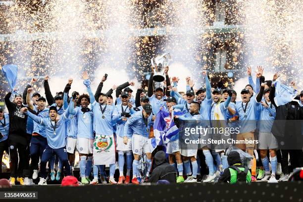 Members of New York City celebrate after defeating the Portland Timbers to win the MLS Cup at Providence Park on December 11, 2021 in Portland,...
