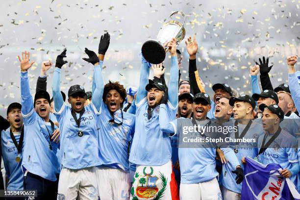 Members of New York City celebrate after defeating the Portland Timbers to win the MLS Cup at Providence Park on December 11, 2021 in Portland,...