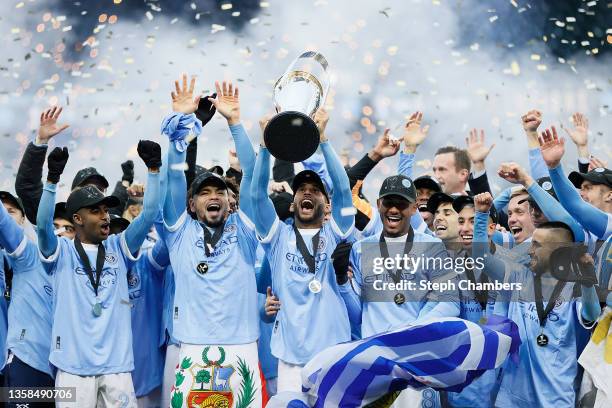 Members of New York City celebrate after defeating the Portland Timbers to win the MLS Cup at Providence Park on December 11, 2021 in Portland,...