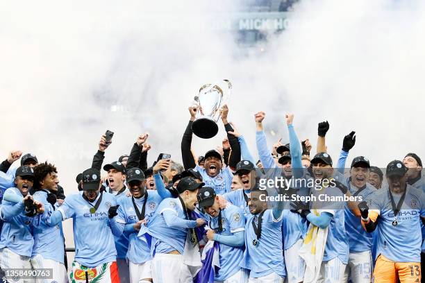 Members of New York City celebrate after defeating the Portland Timbers to win the MLS Cup at Providence Park on December 11, 2021 in Portland,...