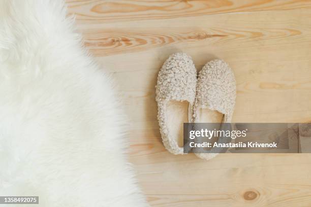 cozy warm fur slippers near fur carpet in a living room. - pantoffel stockfoto's en -beelden
