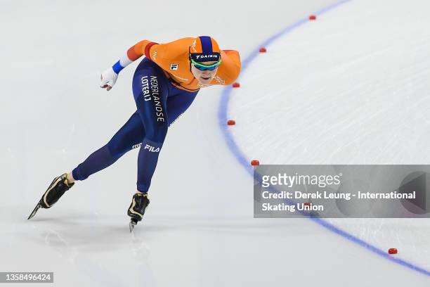 Lotte van Beek races in the Women's 1000m during the ISU World Cup Speed Skating competition at The Olympic Oval on December 11, 2021 in Calgary,...