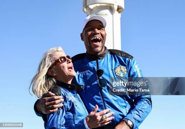 Good Morning America co-anchor and former NFL star Michael Strahan laughs with Laura Shepard Churchley, daughter of astronaut Alan Shepard, during a...