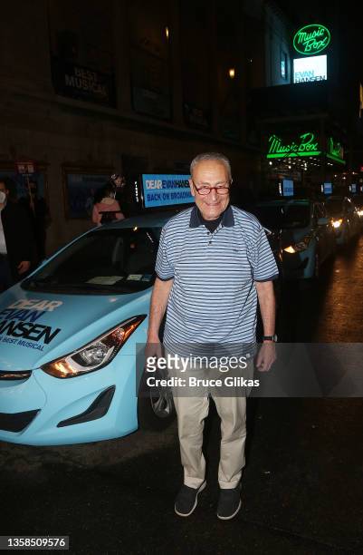 Senator Charles Schumer poses at the reopening night of "Dear Evan Hansen " on Broadway at The Music Box Theatre on December 11, 2021 in New York...