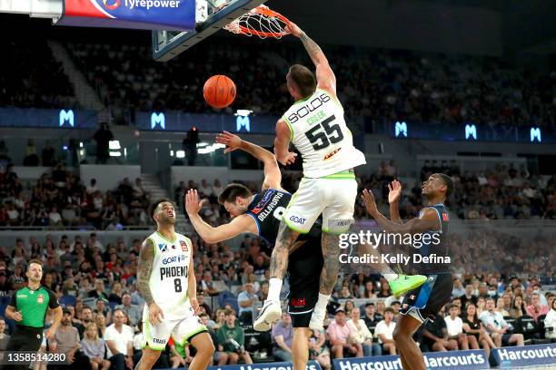 Mitchell Creek of the Phoenix slam dunks during the round two NBL match between Melbourne United and South East Melbourne Phoenix at John Cain Arena...