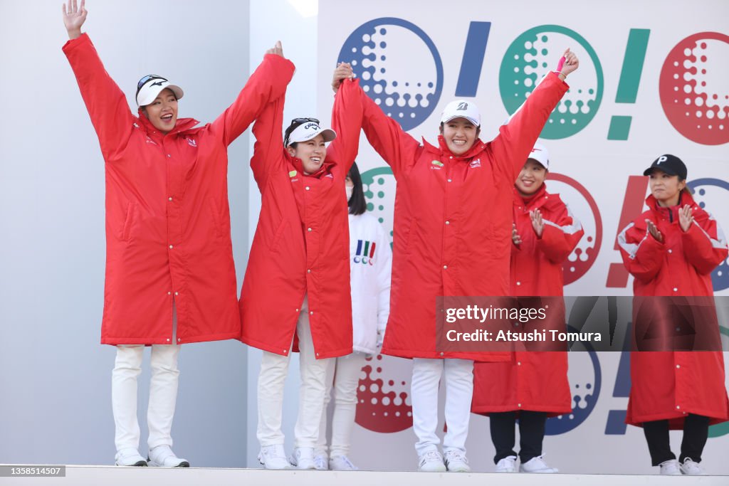 Erika Inami Erika Hara, Yuna Nishimura and Mone Inami of Japan pose on stage ...