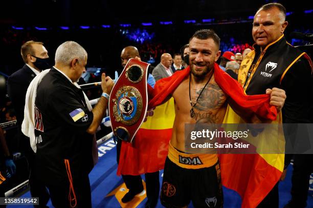 Vasiliy Lomachenko reacts after his win over Richard Commey during their WBO Intercontinental Lightweight Title fight at Madison Square Garden on...