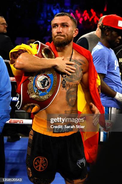 Vasiliy Lomachenko reacts after his win over Richard Commey during their WBO Intercontinental Lightweight Title fight at Madison Square Garden on...